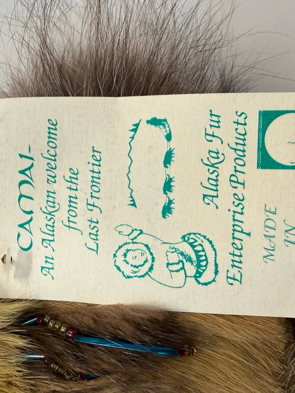 Camai Vintage, Alaska Doll Fur Eskimo Doll with Wooden Face - Green/Brown